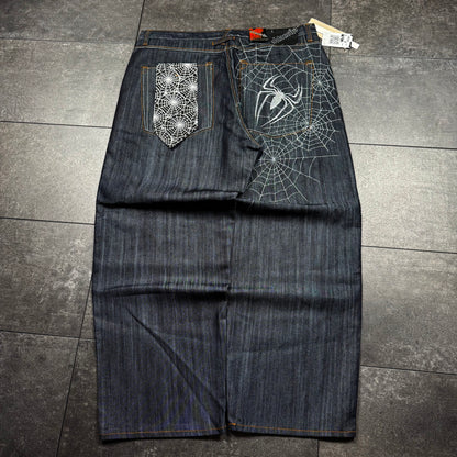 Deadstock Y2K JNCO Style Spider Embroidered Wide Leg Baggy Ablanche Jeans (44x34)