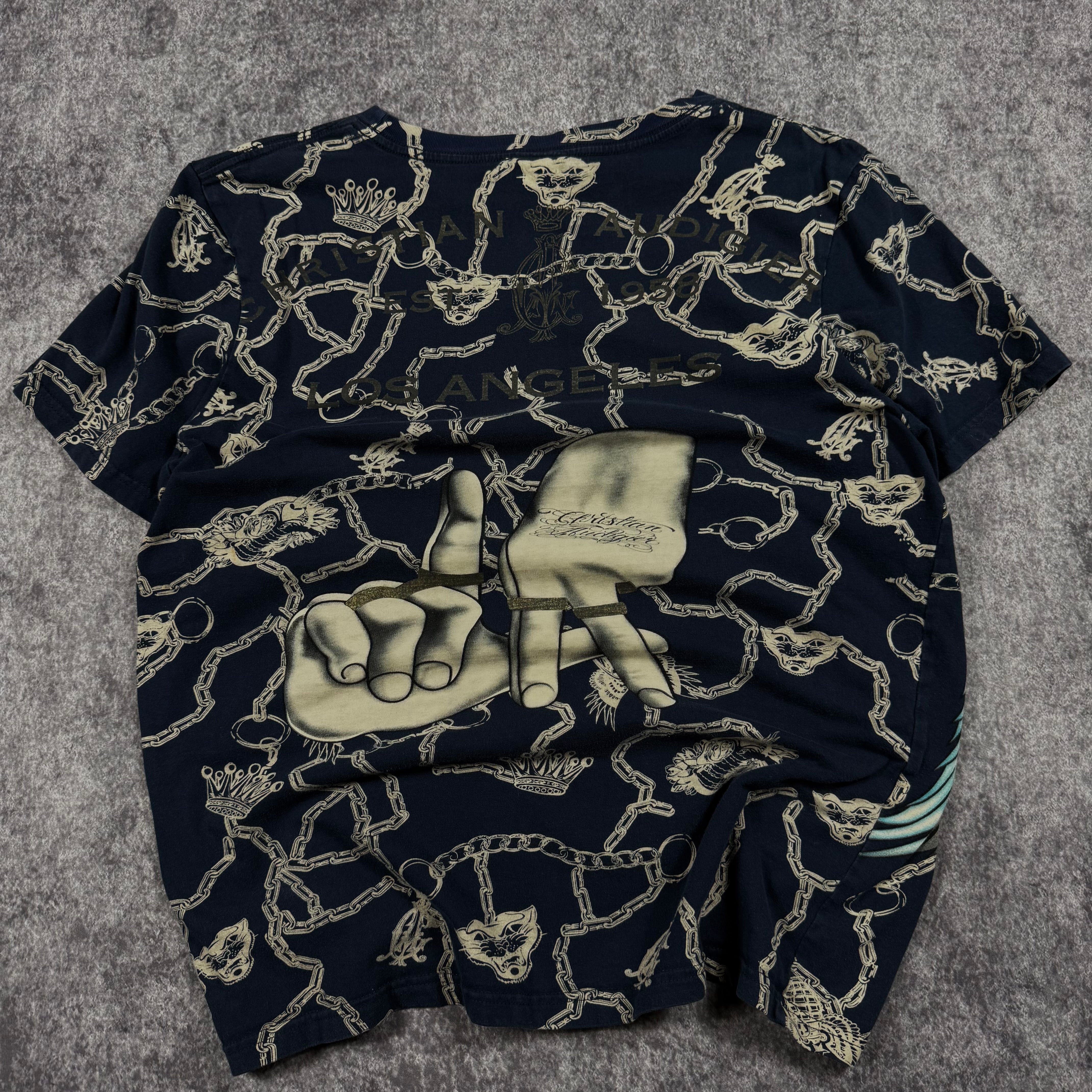 (rare) 2000s christian audigier x compton rhinestone shirt (L)
