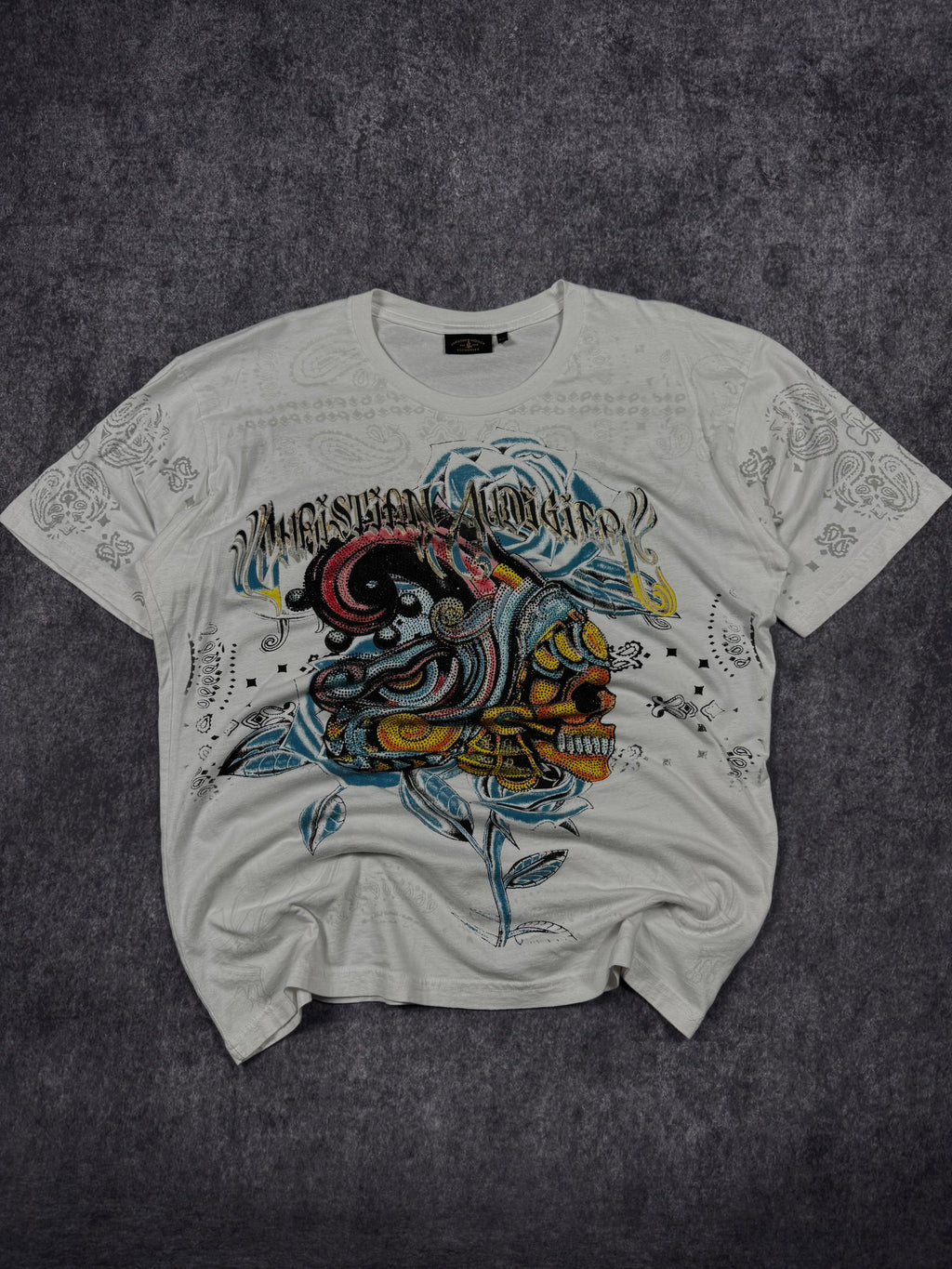 (rare) 2000s christian audigier rhinestone shirt (XL)