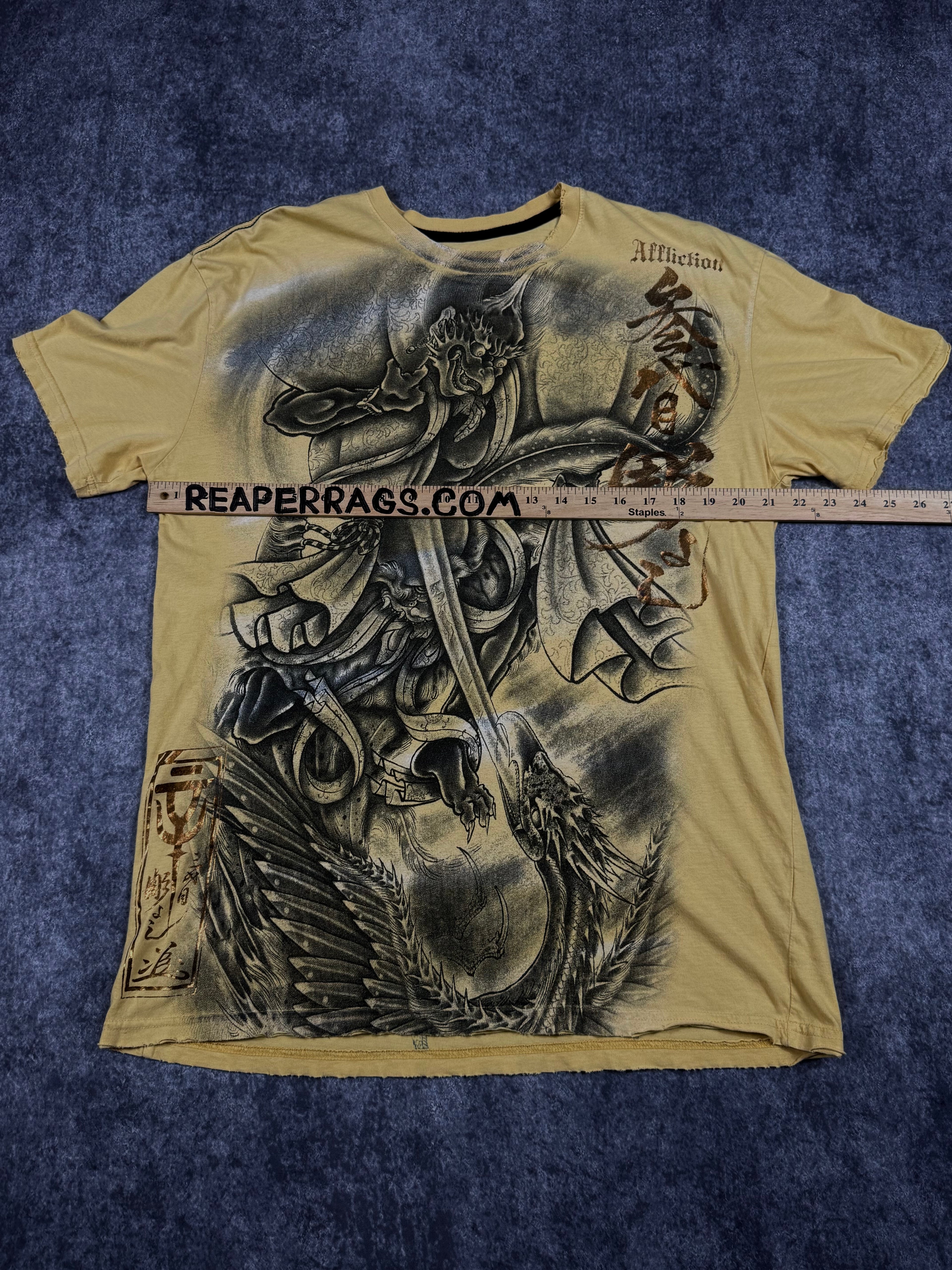 (rare) 2000s affliction heroes & demons chrome shirt (L)